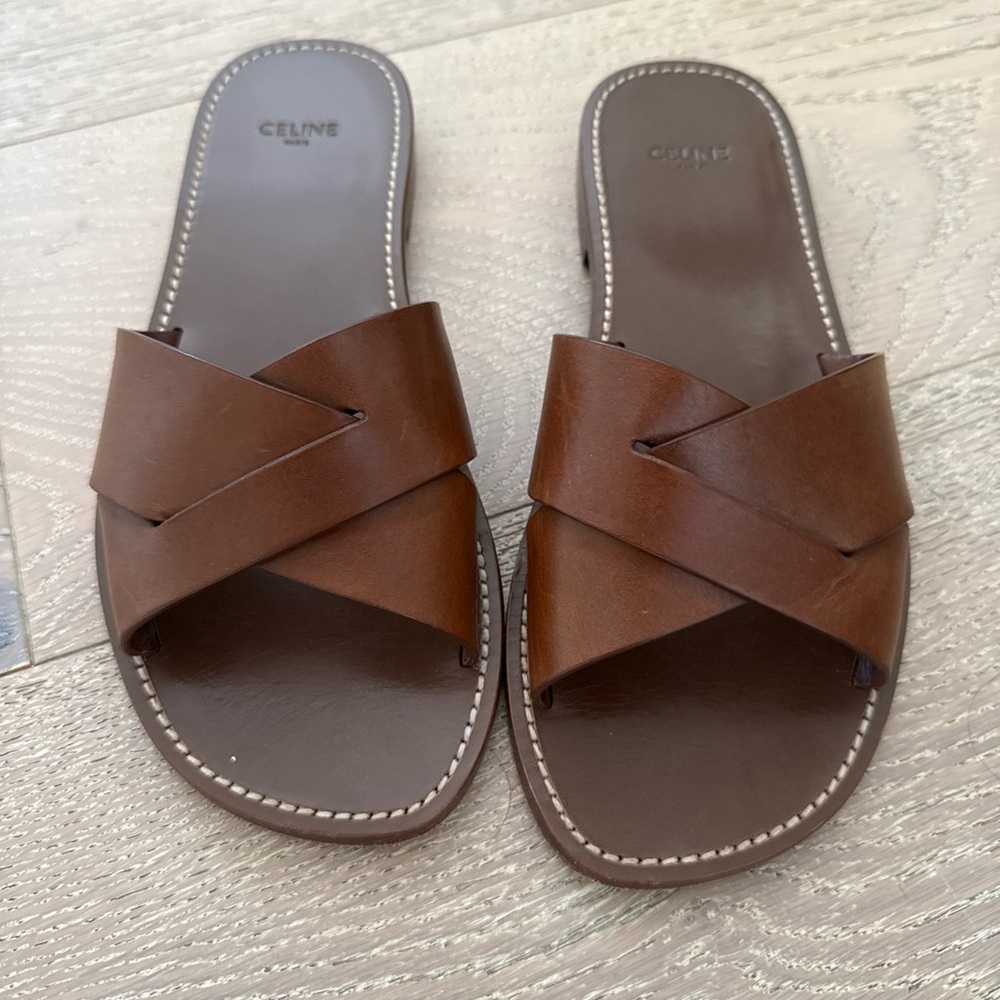 Celine Brown Leather Slide Sandals 39